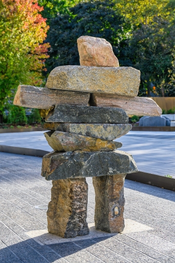 An Inuksuk stone sculpture in the Spirit Garden at Nathan Philli