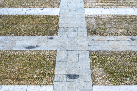 Ancient stone and tile flooring in Sabatini Park, Madrid, Spain