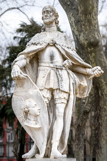 Ancient stone statue of  Ramiro II, King of Leon, Madrid, Spain.