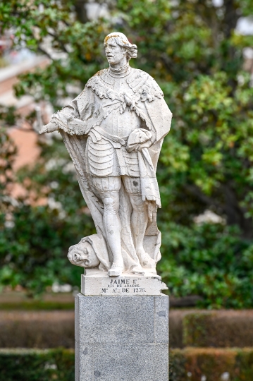 Ancient stone statue of Jaime 1,King of Aragon, Madrid, Spain