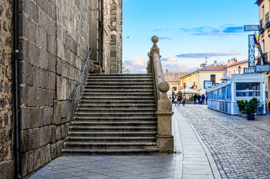 Ancient stone steps at the entrance of medieval building in the