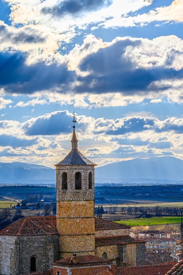 Bell tower of an ancient church, captured from a high angle with