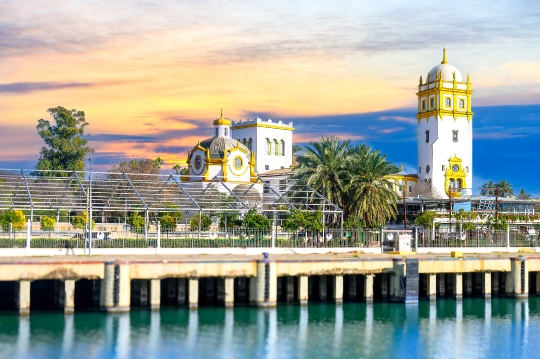 Building and waterfront in the Port of Seville, Spain