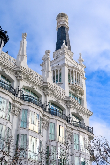 Building architecture of ME Madrid Reina Victoria Hotel.