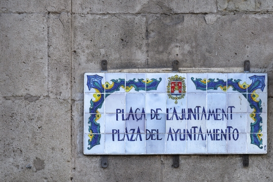 Ceramic tile sign in the Town Square or Plaza del Ayuntamiento,