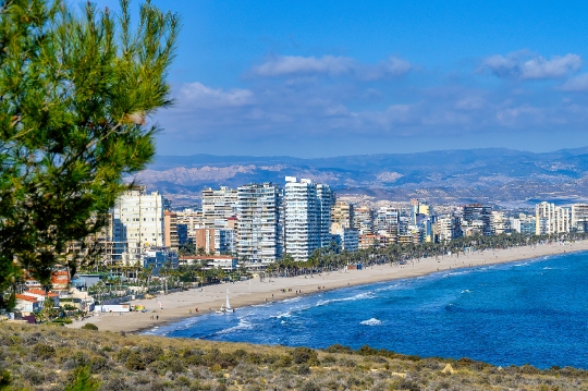 Cityscape and skyline of buildings in San Juan Beach, Alicante,