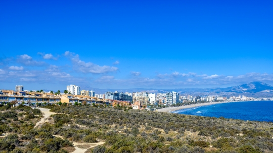 Cityscape and skyline of buildings in San Juan Beach, Alicante,