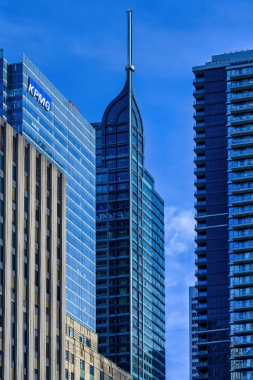 Cityscape featuring modern skyscrapers in the downtown district.