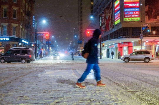 Crossing the Street in Downtown During Winter