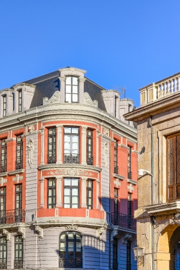 Facade and exterior architecture of an old building in the downt