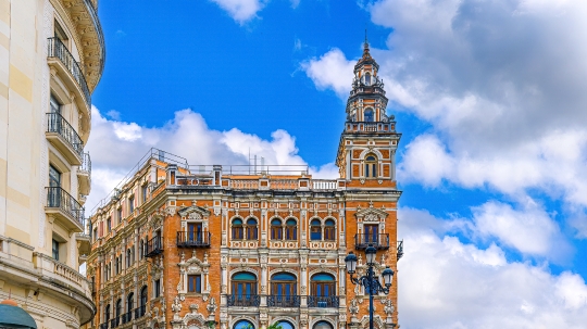 Facade of the Telefonica building, Seville, Spain.