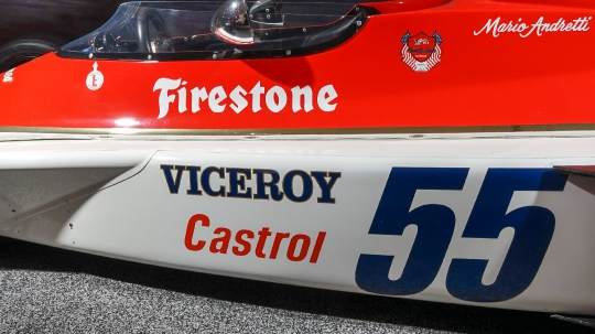 Firestone, Viceroy, and Castrol brand names in race car