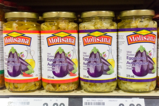 Four jars of Molisana pickled eggplants, Toronto, Canada