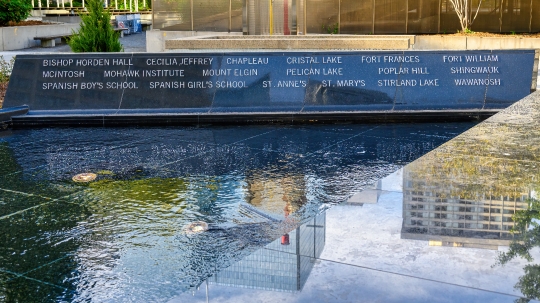 Inscription names on the memorial fountain in the Spirit Garden 