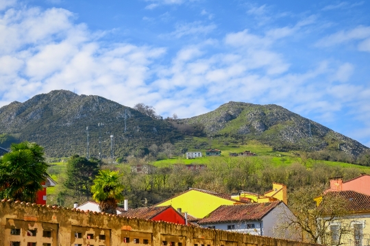 Landscape of mountain and building in Cofino, Asturias, Spain