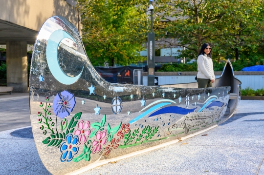 Metal sculpture of a canoe in the Spirit Garden at Nathan Philli