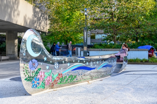 Metal sculpture of a canoe in the Spirit Garden at Nathan Philli