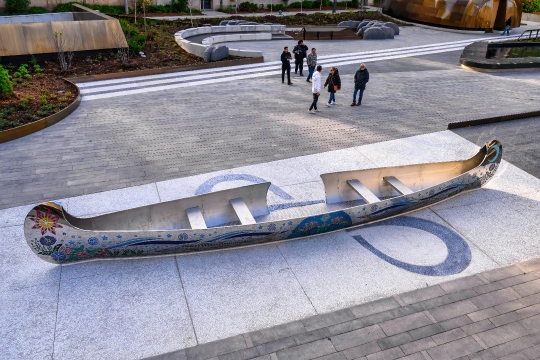 Metal sculpture of a canoe in the Spirit Garden at Nathan Philli