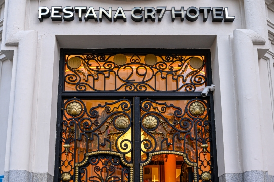 Metalwork at the entrance of the Pestana CR7 Hotel in Madrid, Sp