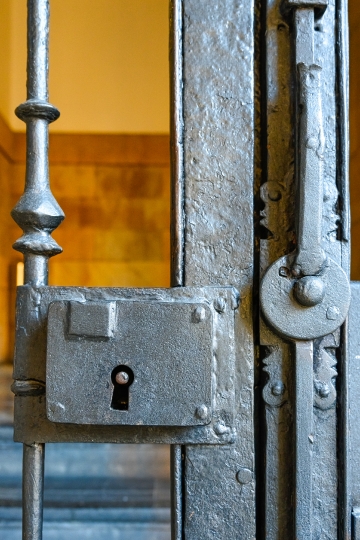 Metalwork with a lock in an ancient building.