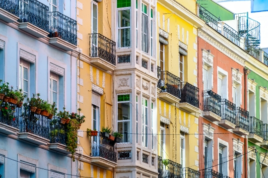 Multi-color facades of residential buildings in Alicante, Spain