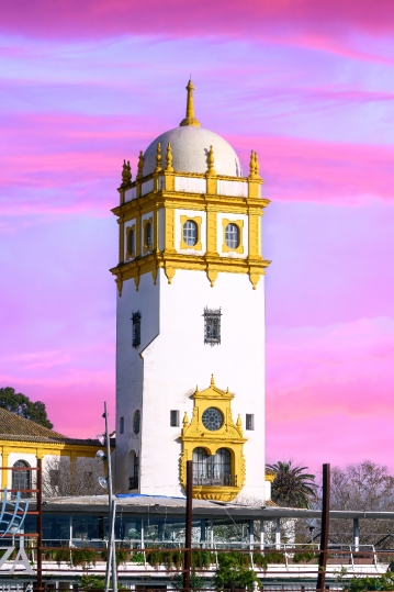 Old architecture of building in the Port of Seville, Spain