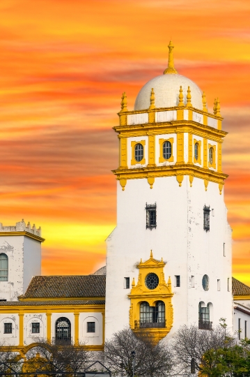 Old architecture of building in the Port of Seville, Spain