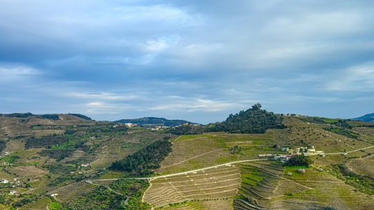 Overcast weather over terraced agricultural land on the ridge of