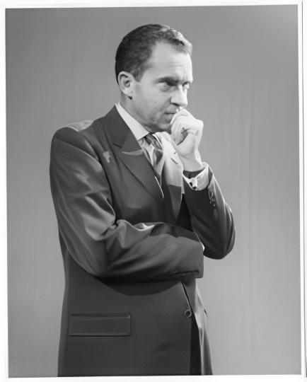 Richard Nixon attends a press reception during his trip to Londo