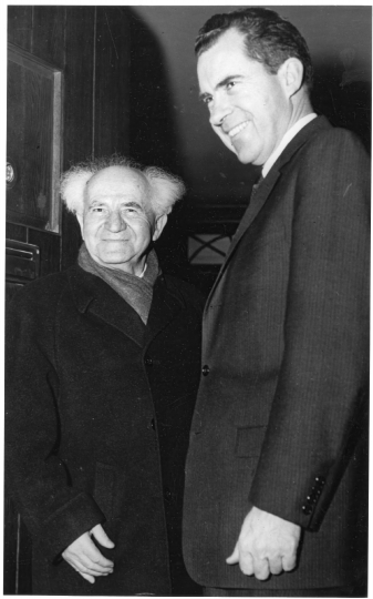 Richard Nixon escorts Prime Minister David Ben Gurion of Israel