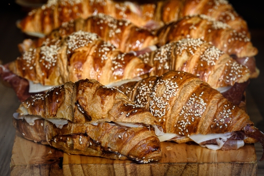 Sandwiches made with croissants on a retail display, Alicante, S