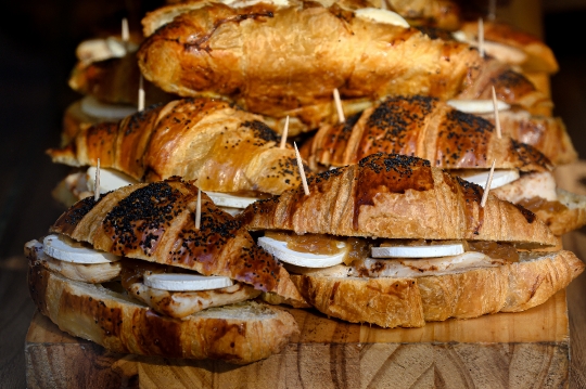 Sandwiches made with croissants on a retail display, Alicante, S