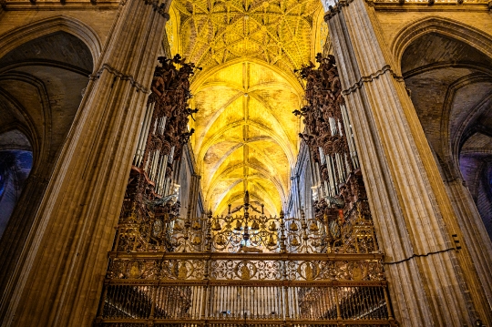 Symmetrical, low-angle view of the main nave of the famous landmark church.