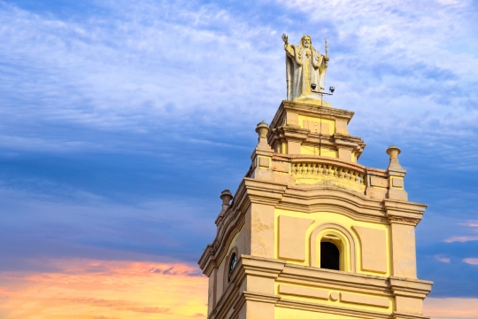 Upper section of the steeple in the Catholic Cathedral of Camagu