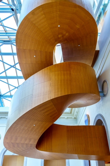 Wooden staircase inside the Art Gallery of Ontario (AGO). Low an